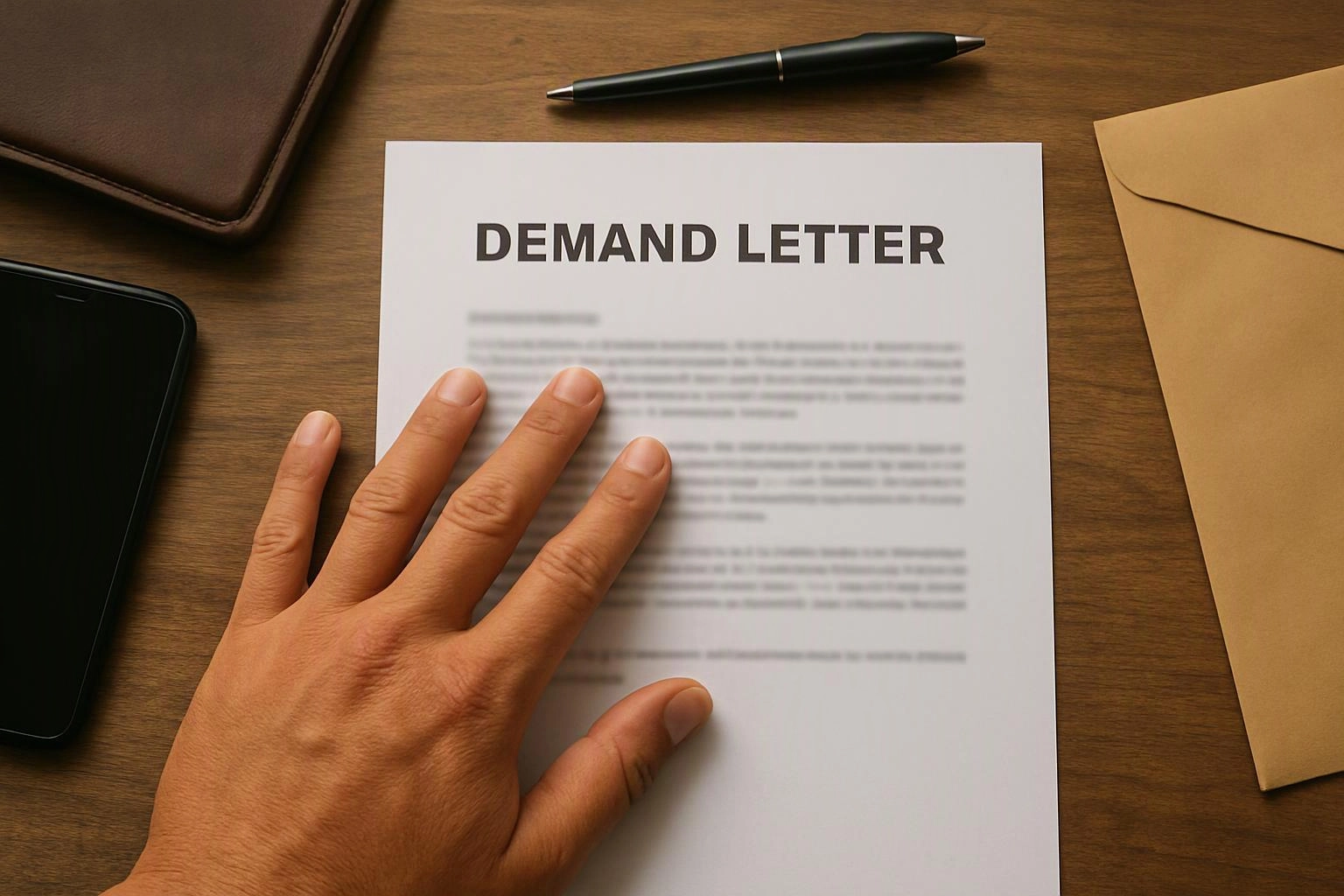 A hand rests on a document titled “DEMAND LETTER” beside a pen, envelope, wallet, and phone on a wooden desk