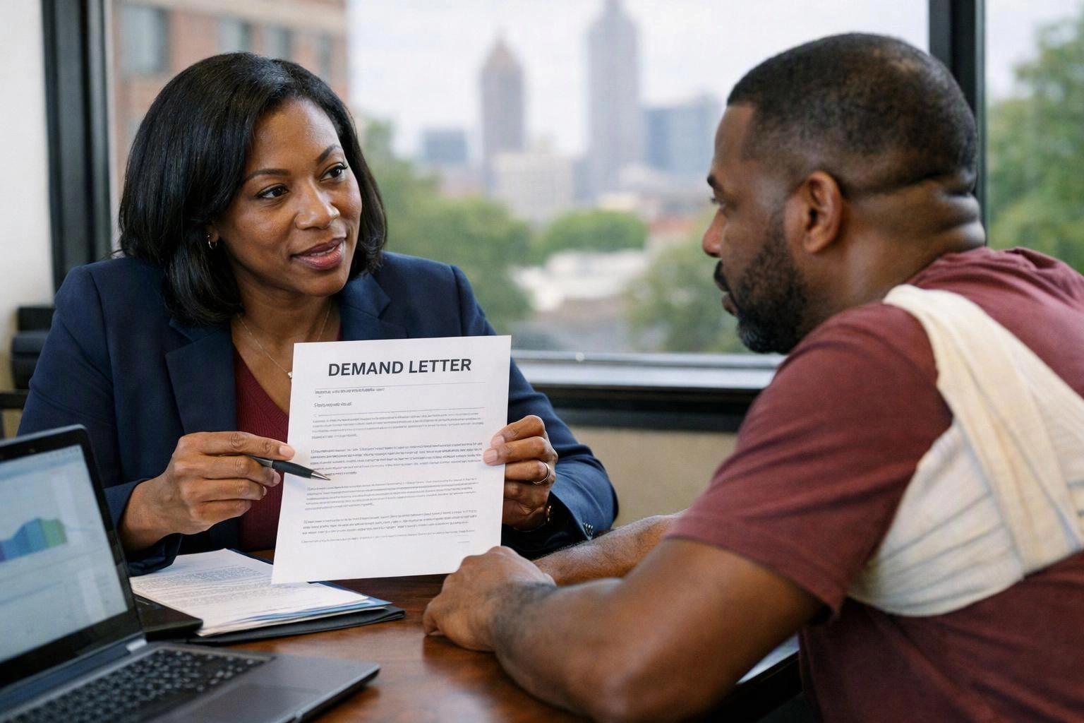 A woman in an office holds up a demand letter and points at it while speaking to a man across the desk