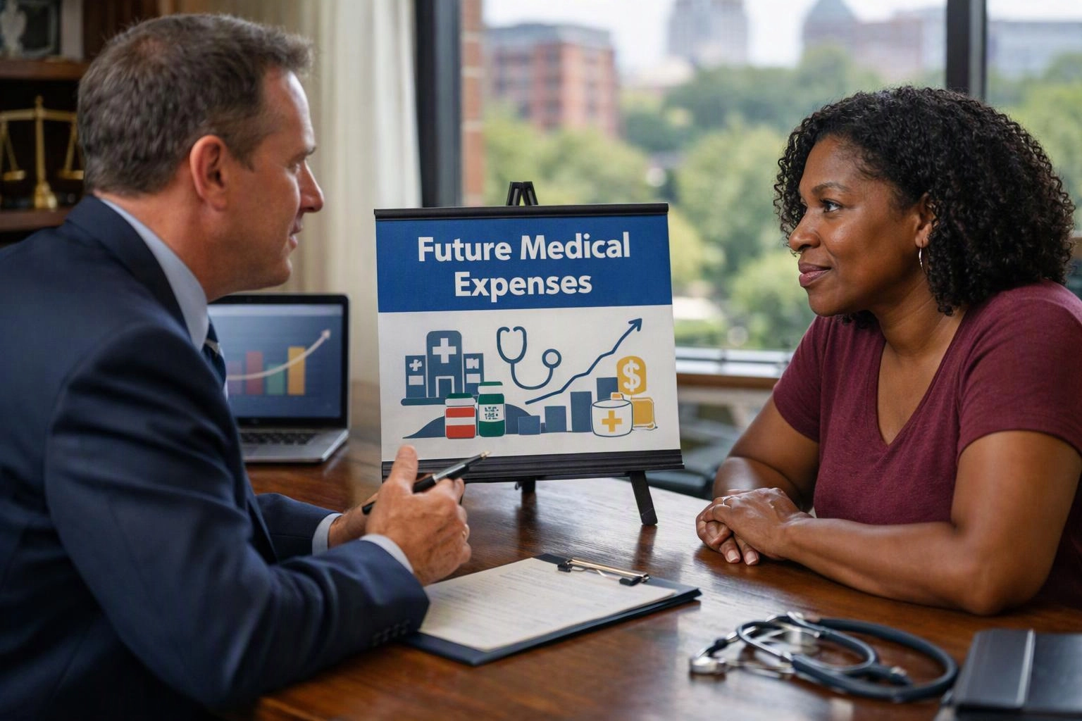 A man and woman discuss future medical expenses beside a chart in a bright office