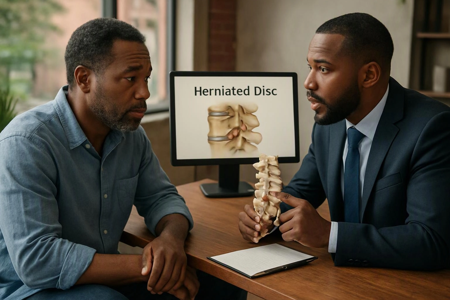 Two men sit at a desk while one points to a spine model beside a monitor labeled “Herniated Disc”
