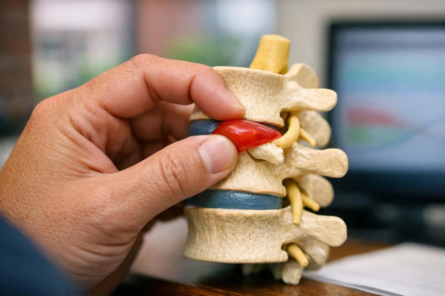 A hand holds a spinal model, pressing a red disc between beige vertebrae against a blurred desk background
