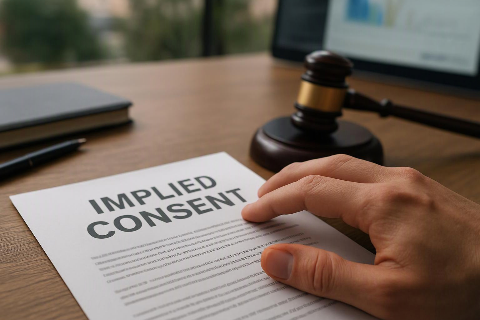 A hand rests on a paper labeled implied consent beside a gavel on a wooden desk