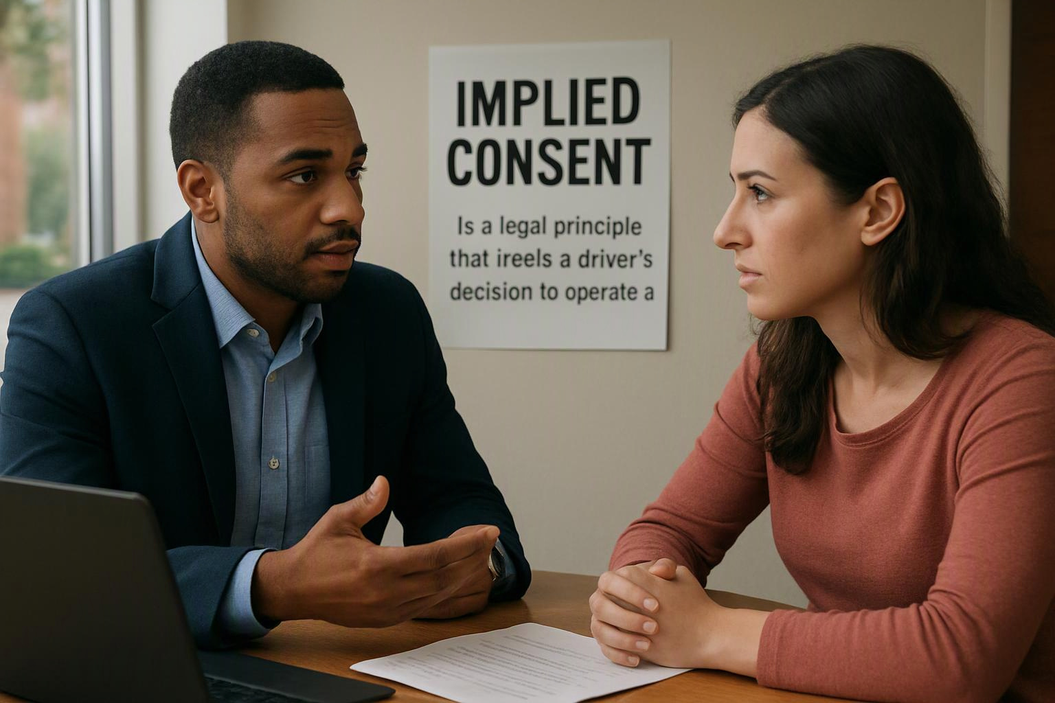 Two people sit at a table in an office, talking beside a sign that reads “IMPLIED CONSENT”