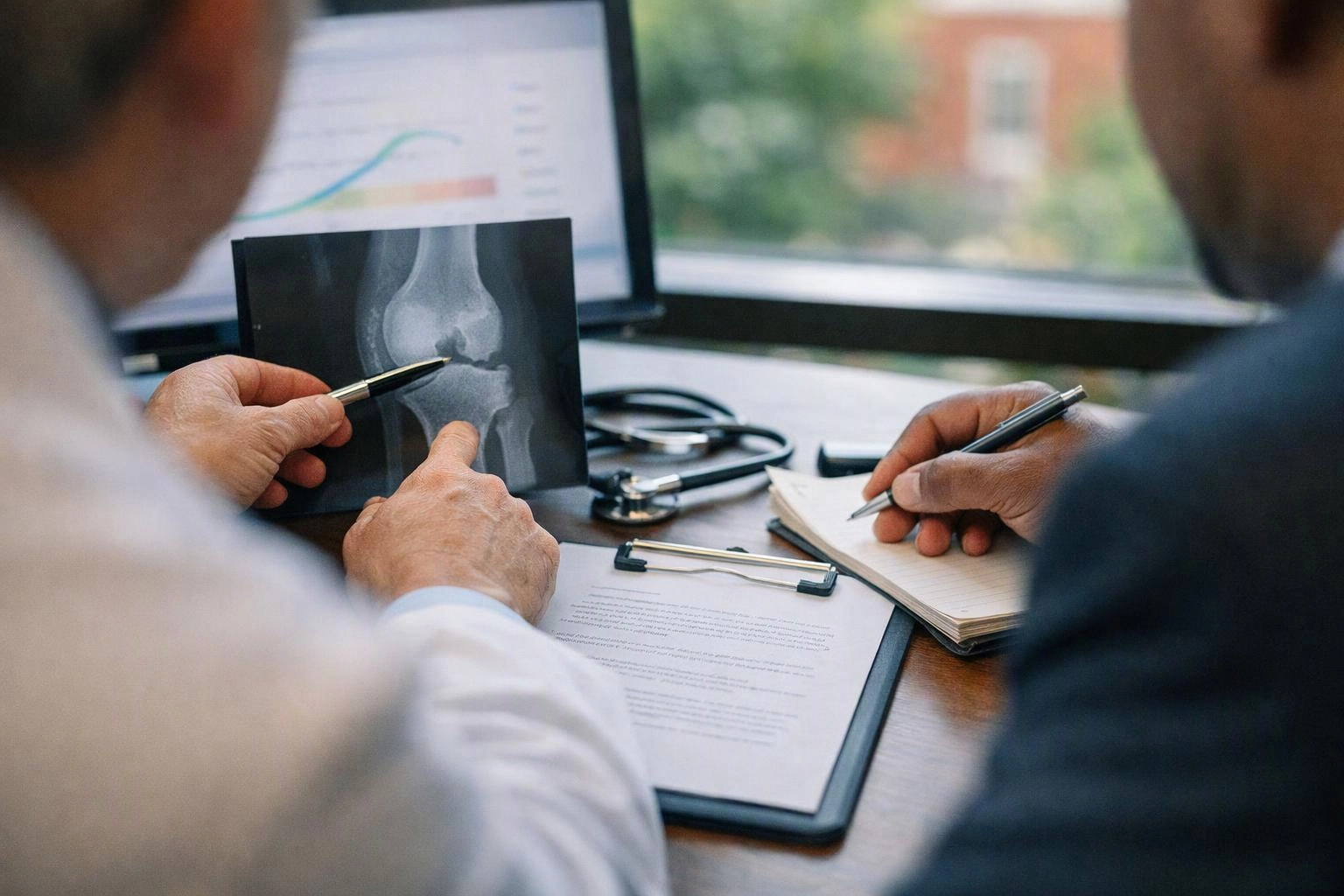 Two people review a knee X-ray and take notes at a desk with a laptop and stethoscope