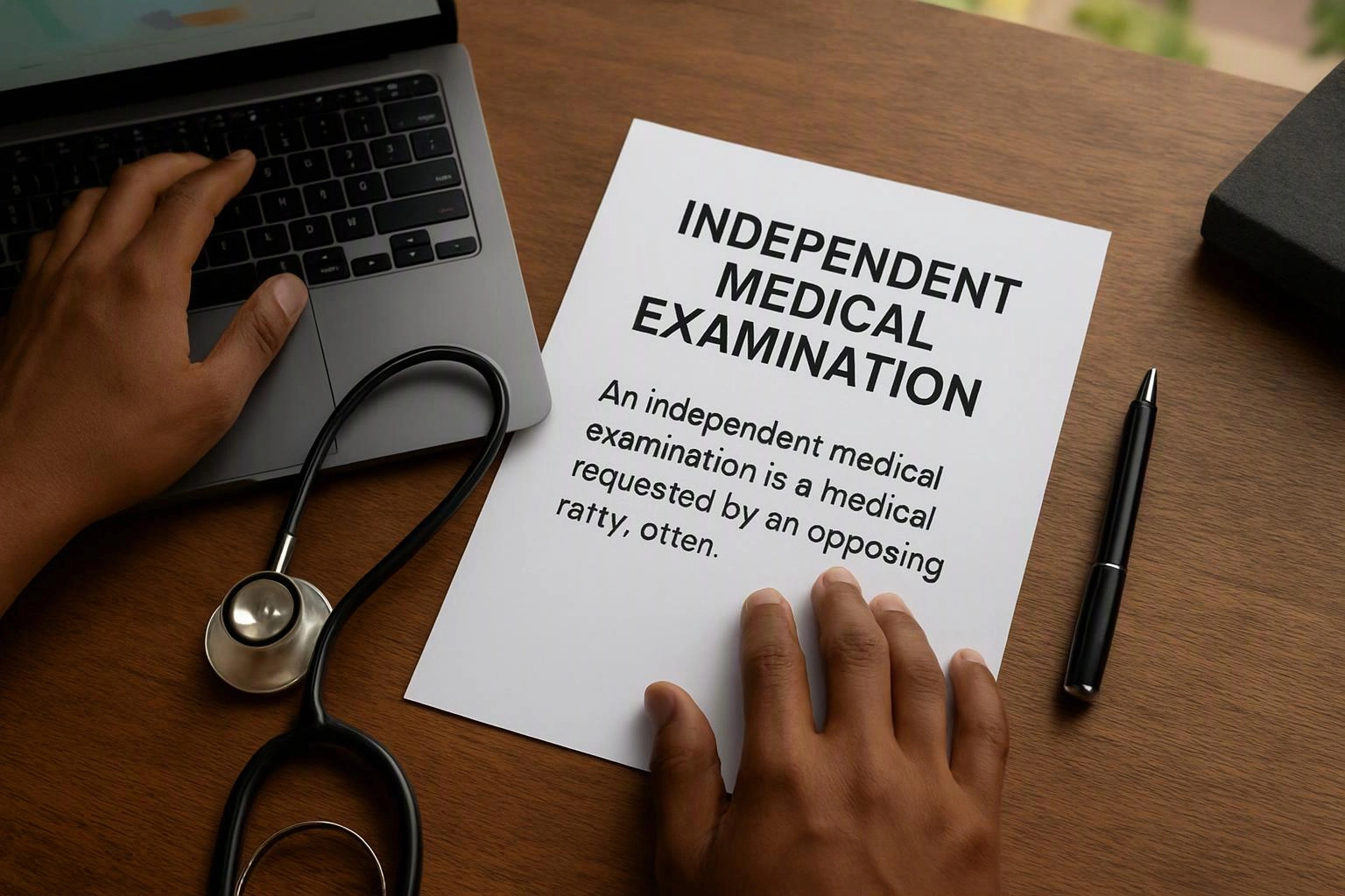 Hands rest beside a laptop, stethoscope, pen, and a paper titled "INDEPENDENT MEDICAL EXAMINATION" on a wooden desk