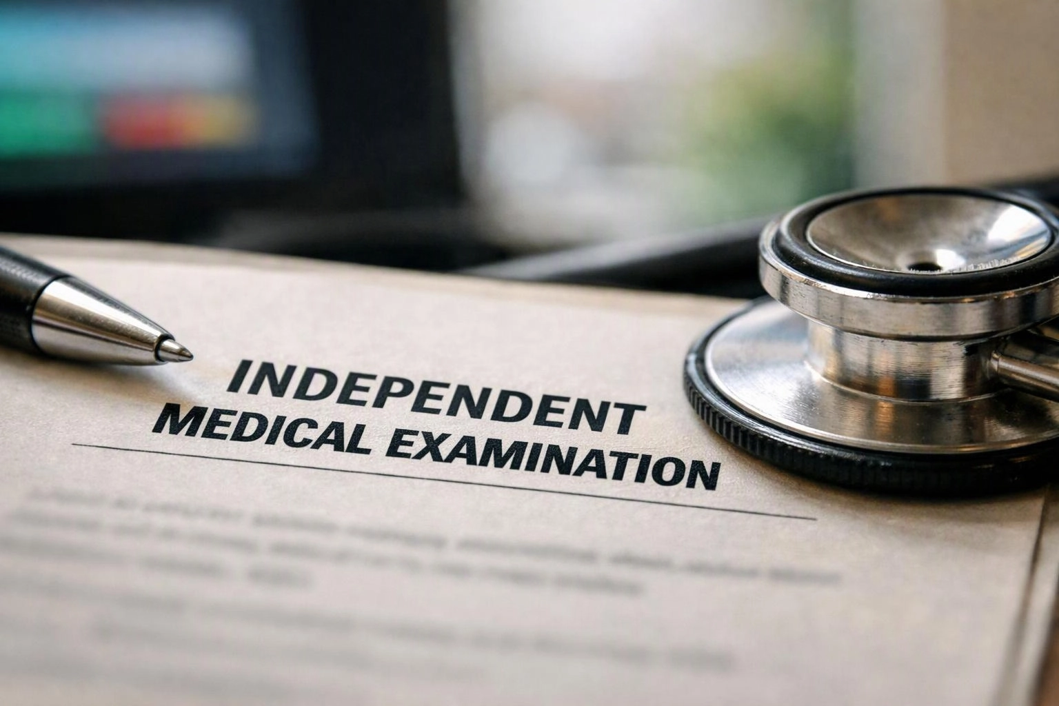 A stethoscope and pen rest on a form labeled "INDEPENDENT MEDICAL EXAMINATION"