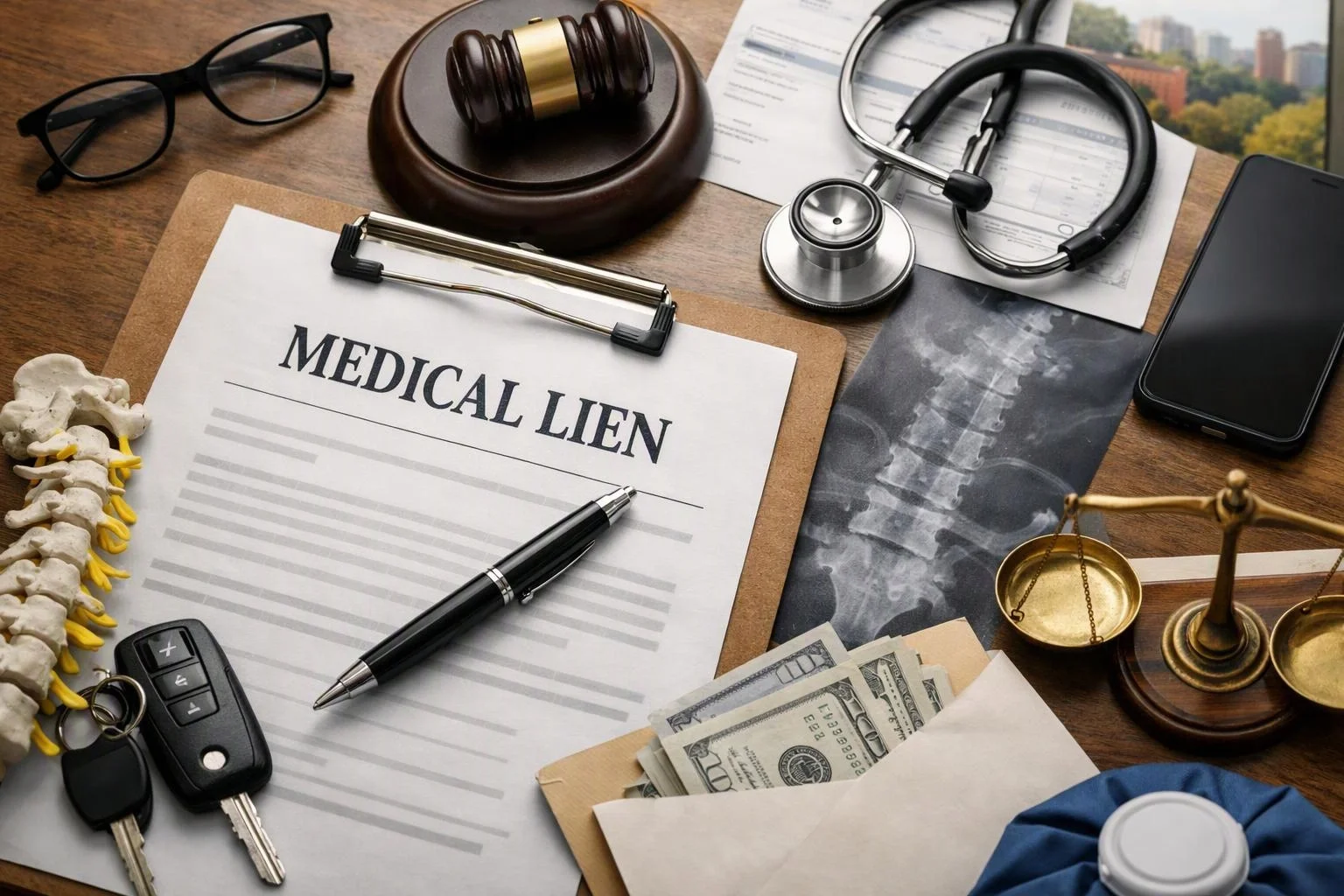 A desk displays a medical lien document with a pen, stethoscope, legal gavel, spine X-ray, money, and keys