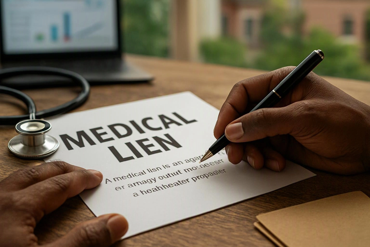 Hands write on a medical lien document beside a stethoscope on a wooden desk