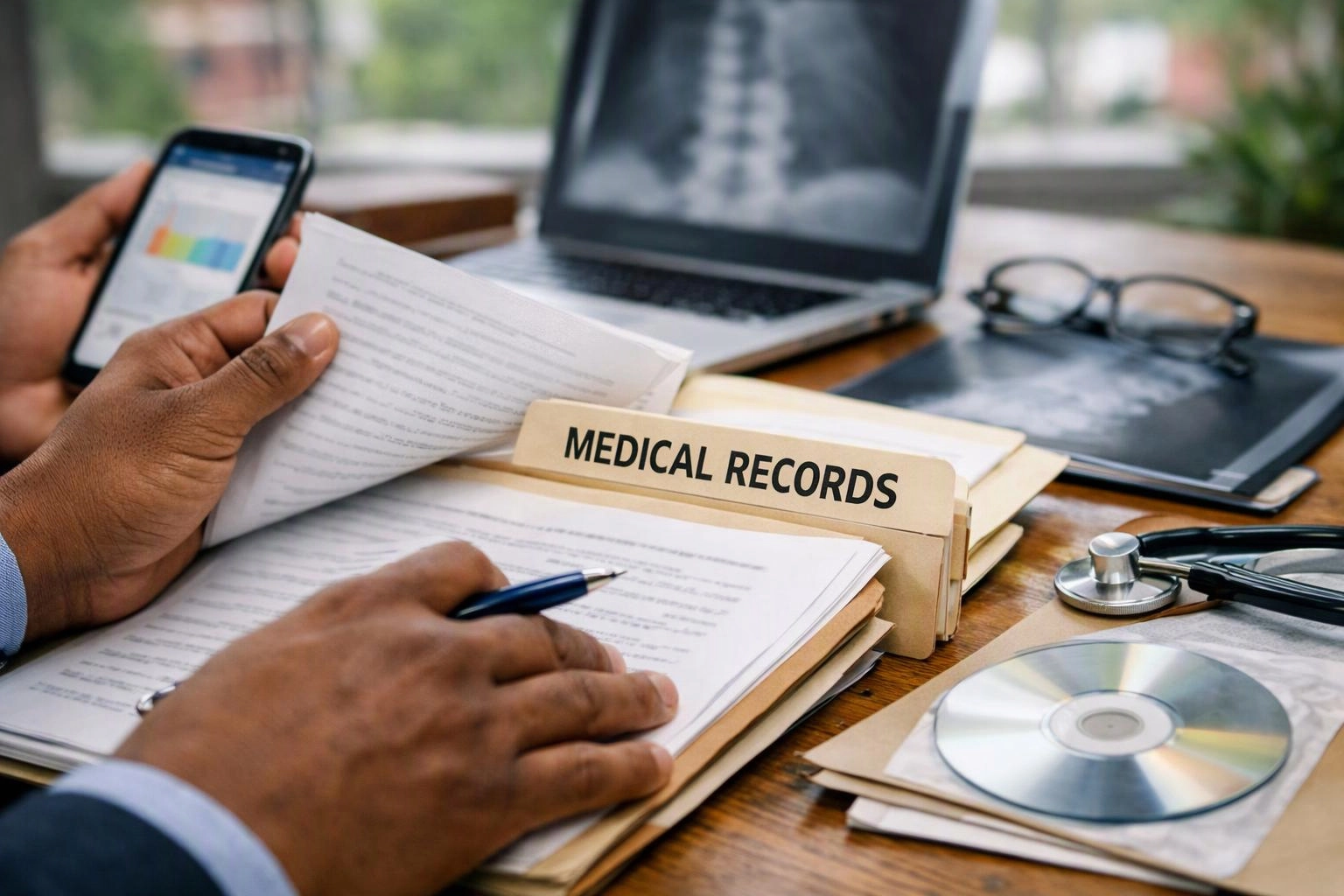 Hands sort medical records beside a laptop, phone, stethoscope, glasses, and an X-ray disc on a desk