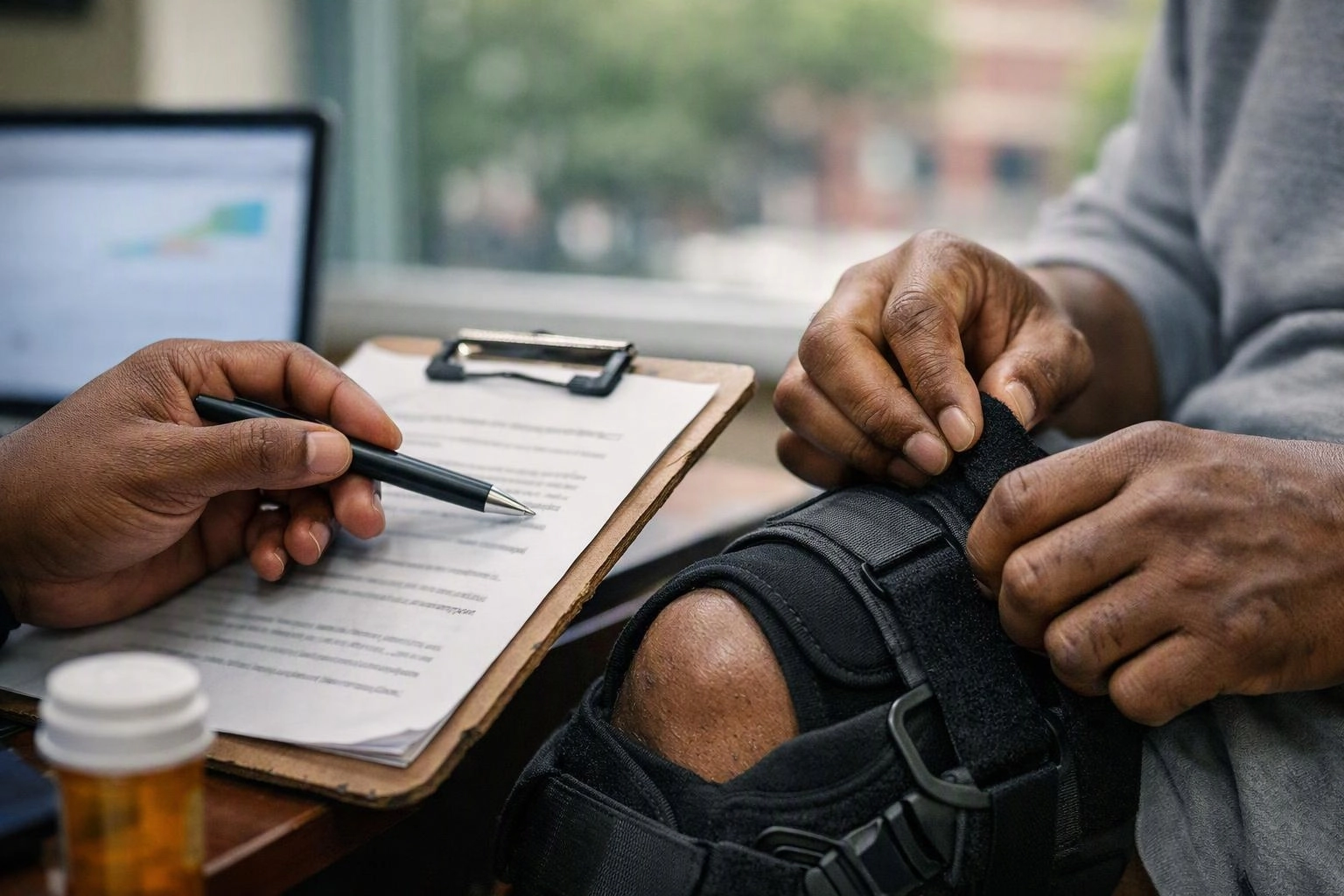 A person fastens a black knee brace while another holds a pen over paperwork at a desk