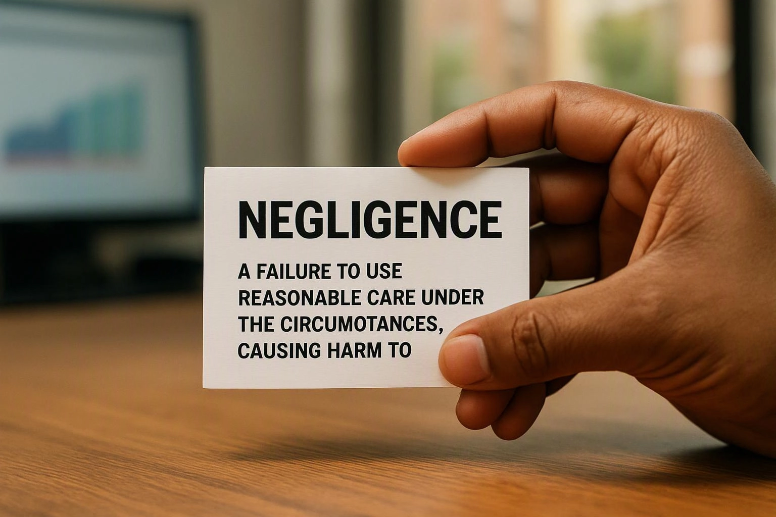 A hand holds a card reading “NEGLIGENCE” over a wooden desk with a blurred screen in the background