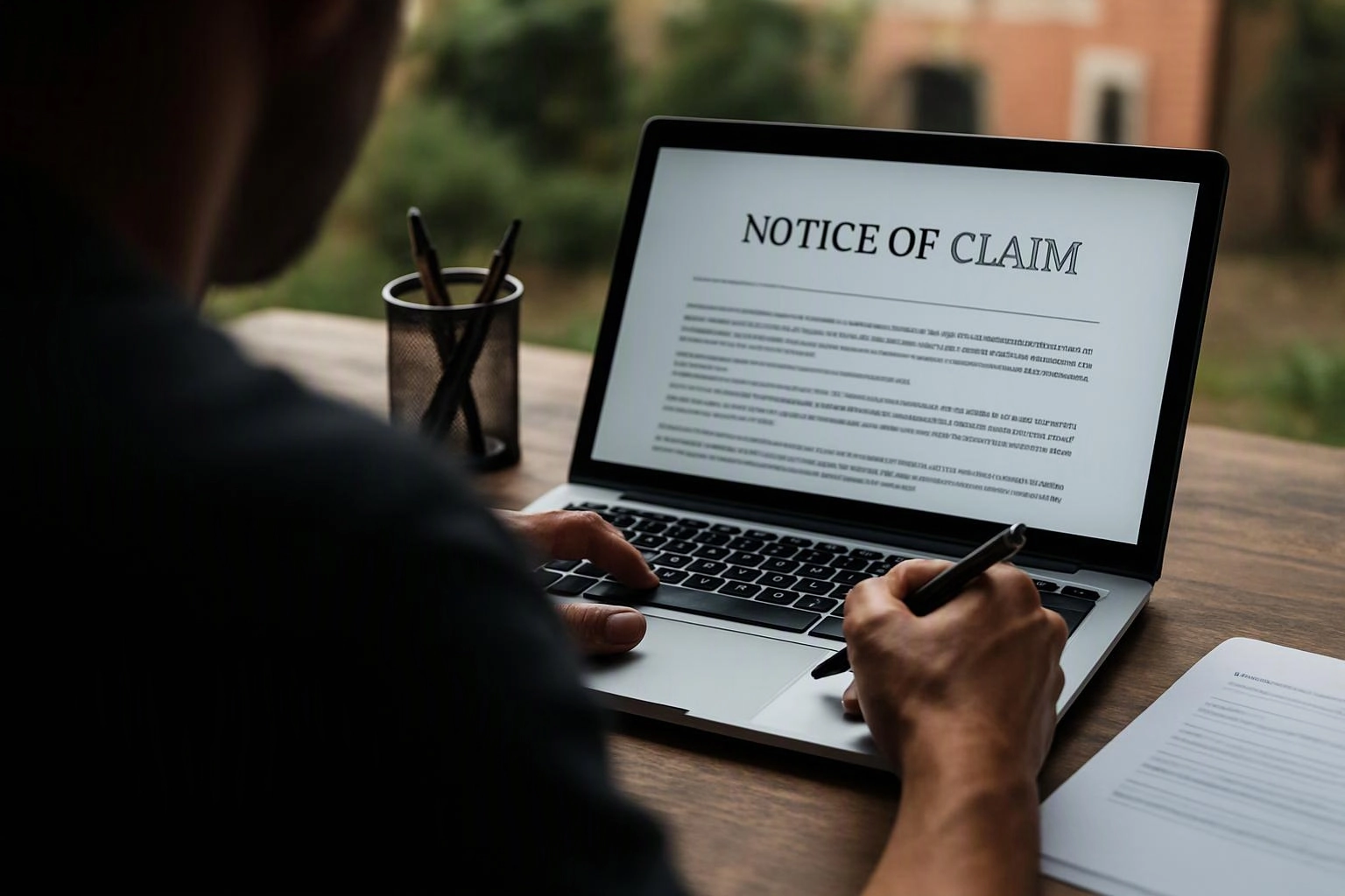 A person writes on a laptop displaying “NOTICE OF CLAIM” at a wooden table with papers and pens nearby