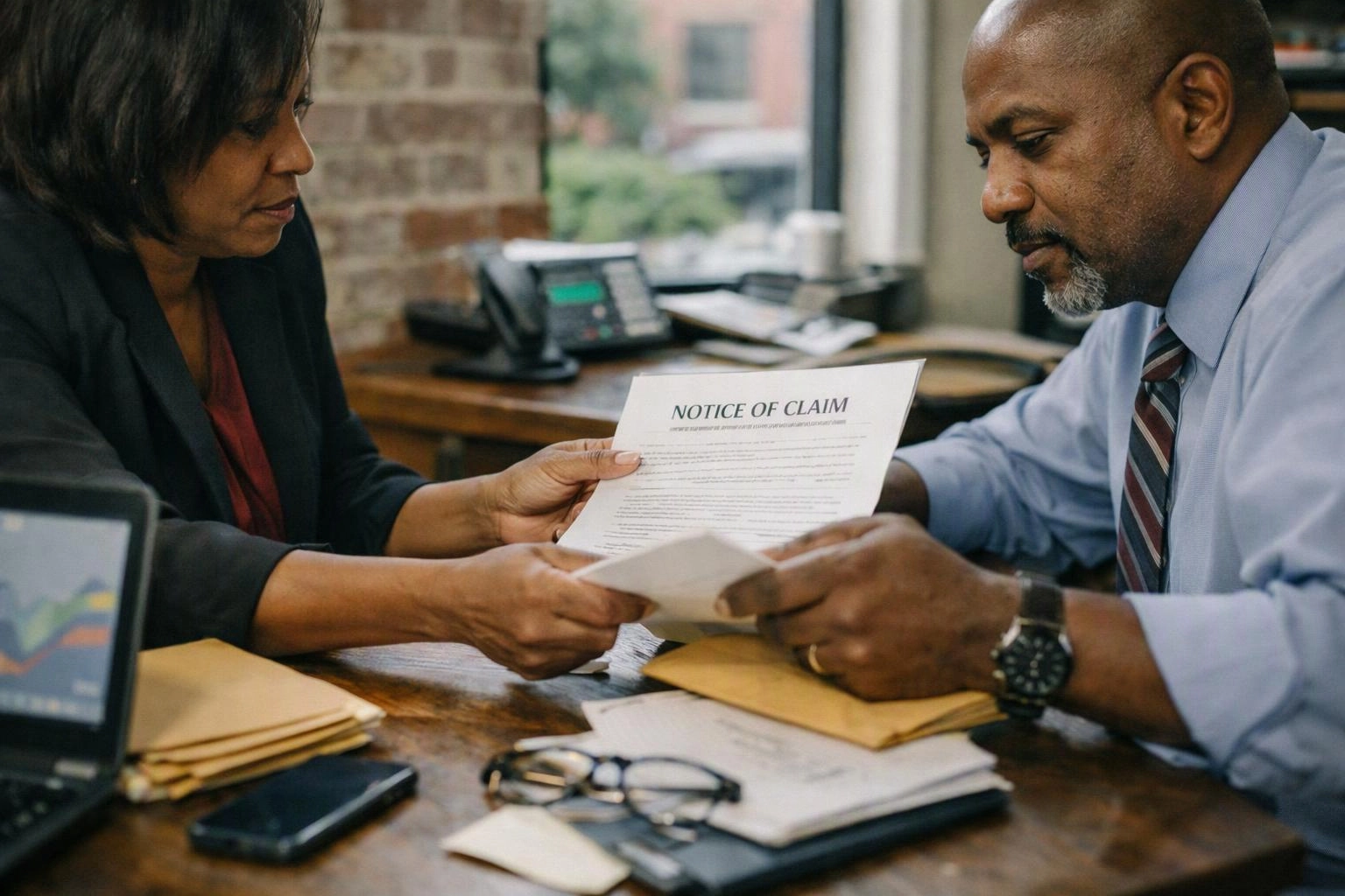 Two people review a notice of claim across a wooden desk in an office