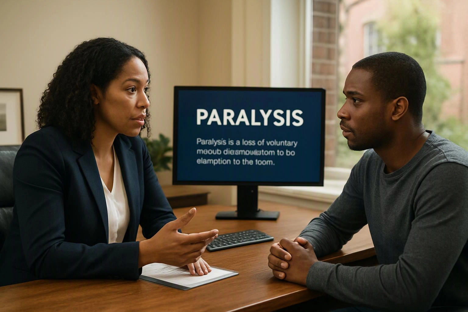 Two people sit across a desk in a 상담-like office while a monitor shows “PARALYSIS”