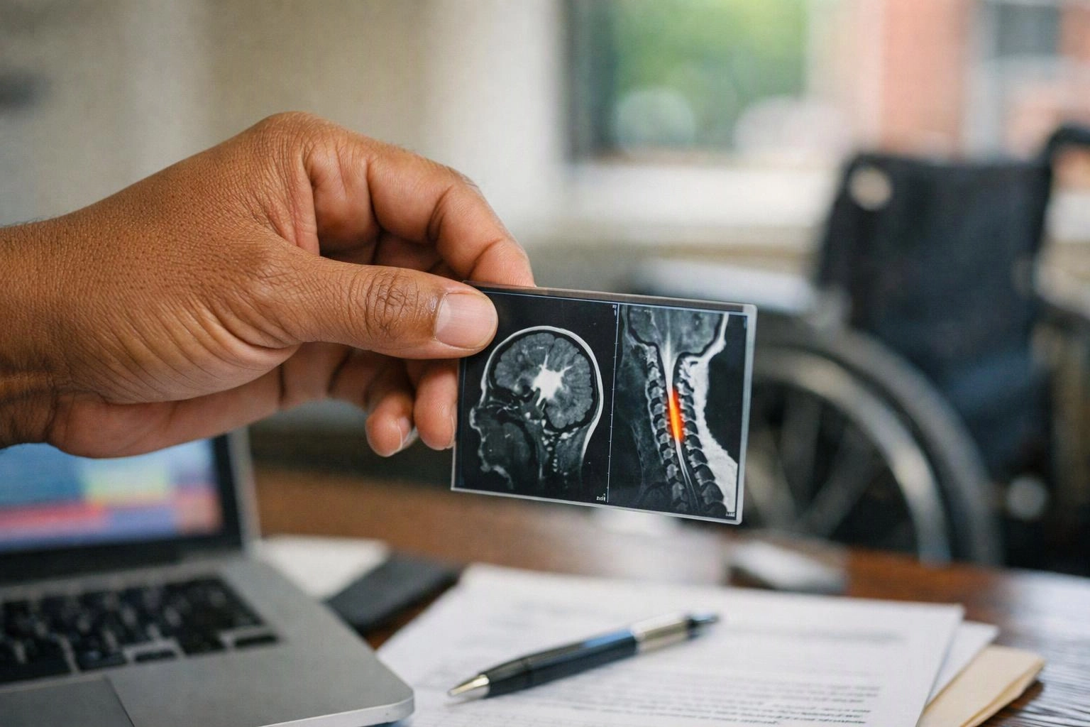 A hand holds an MRI film showing brain and spine scans above a desk with a laptop and papers
