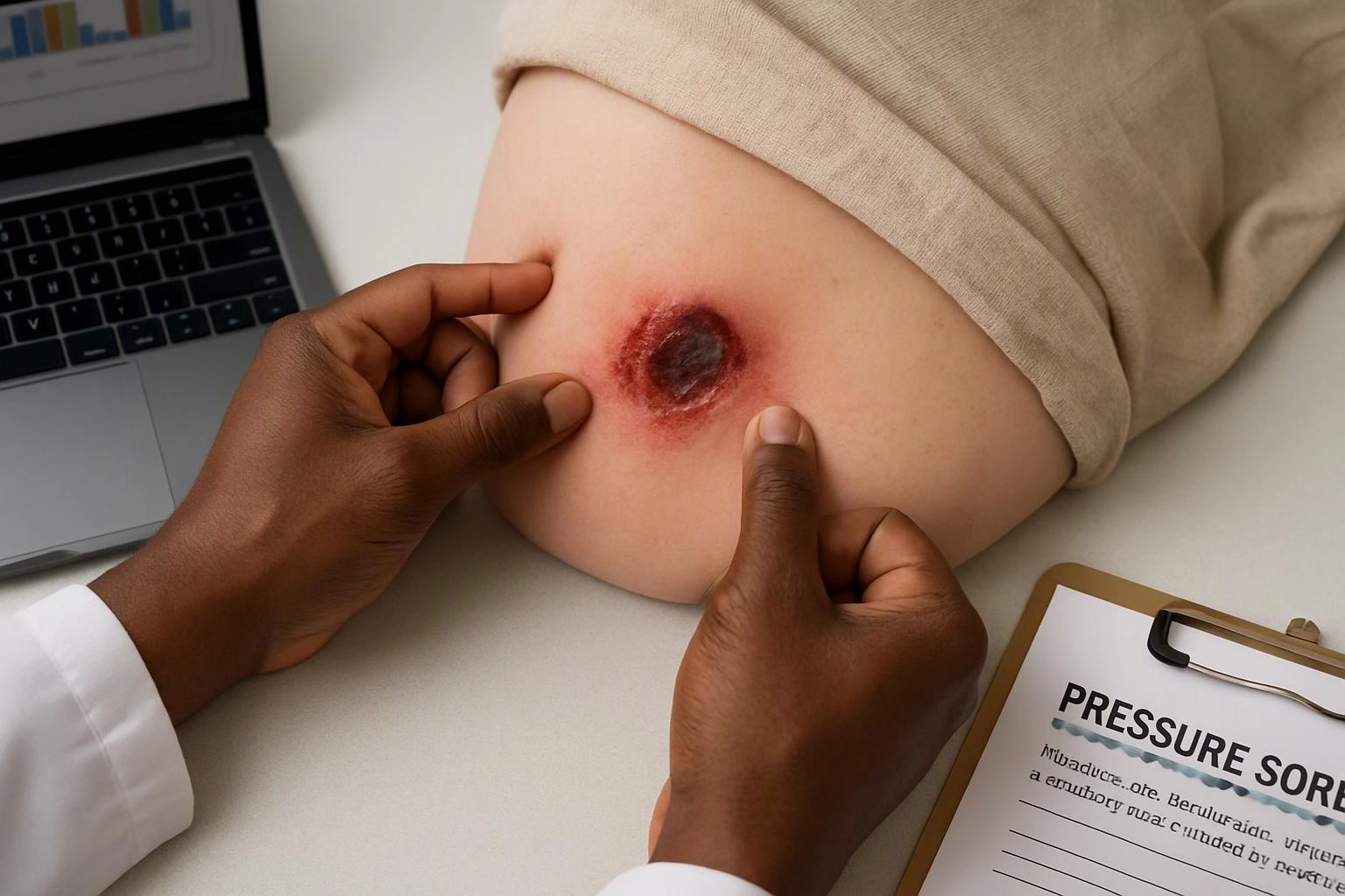Hands inspect a painful pressure sore beside a laptop and clipboard on a white table