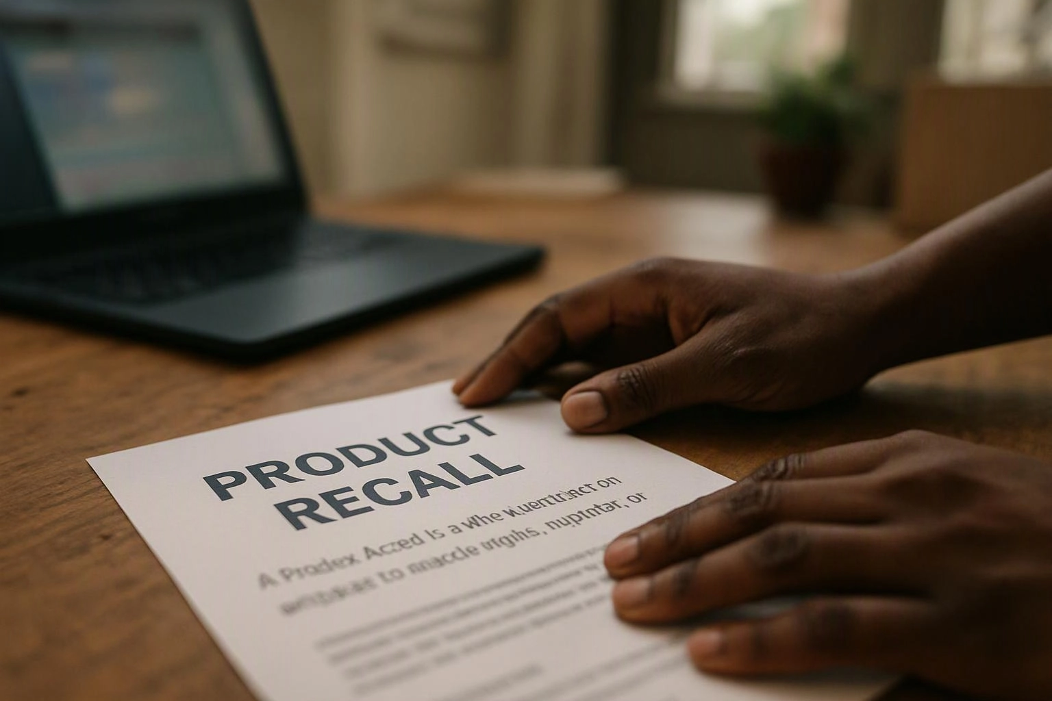 Hands rest on a paper titled "PRODUCT RECALL" beside an open laptop on a wooden table