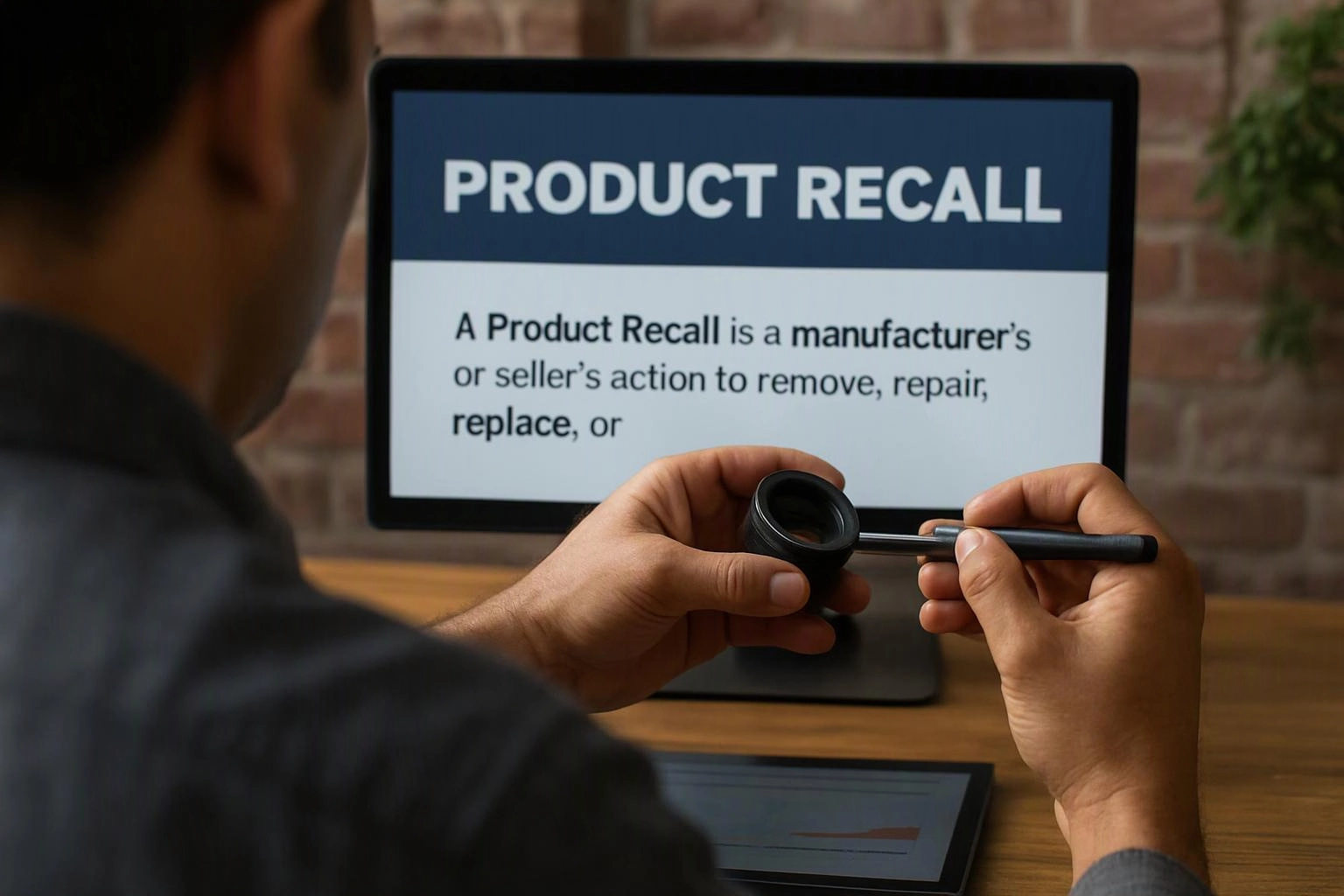 A person holds a magnifying glass toward a monitor showing a “PRODUCT RECALL” notice on a desk