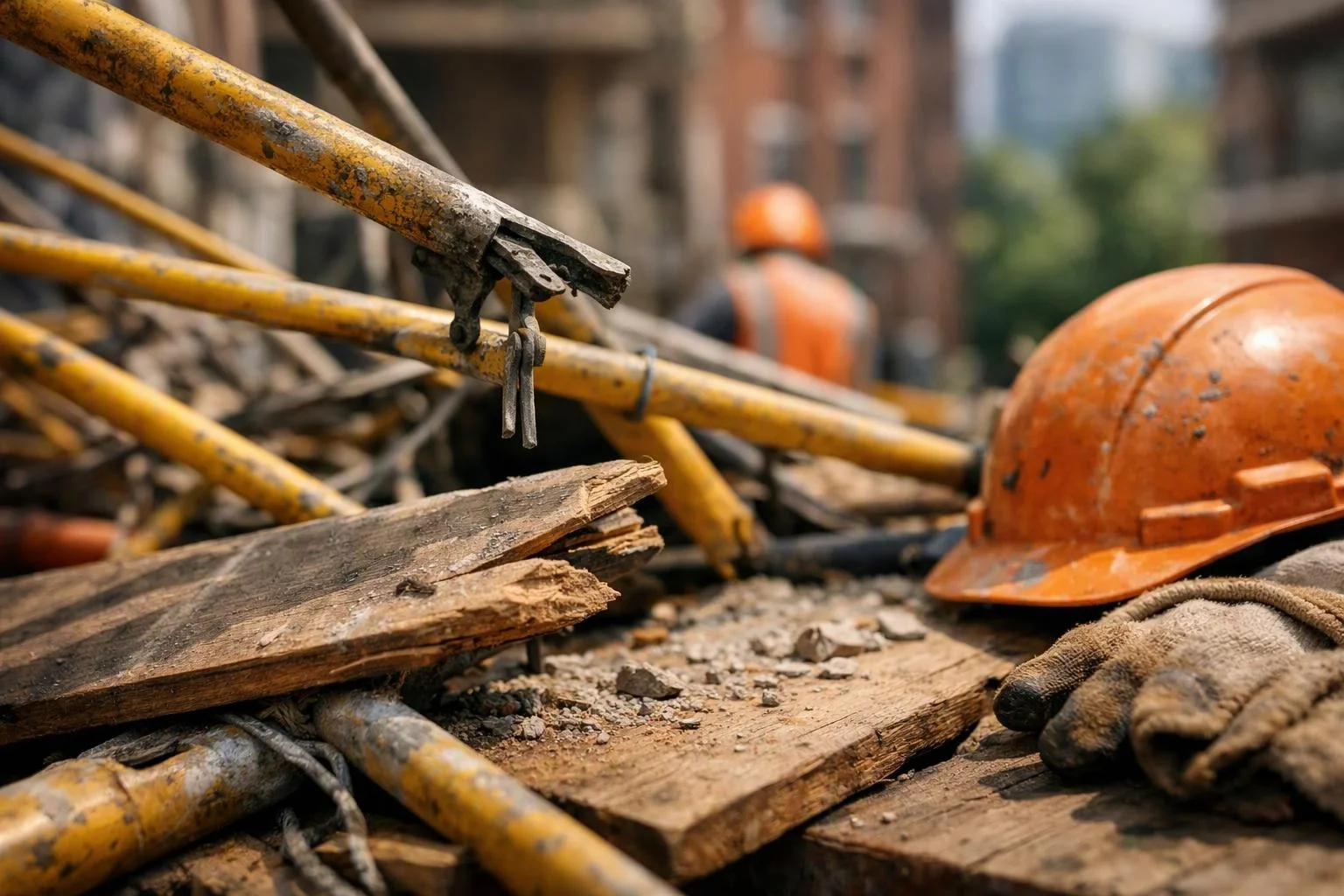 Damaged scaffolding, broken boards, an orange hard hat, and work gloves lie amid rubble at a construction site