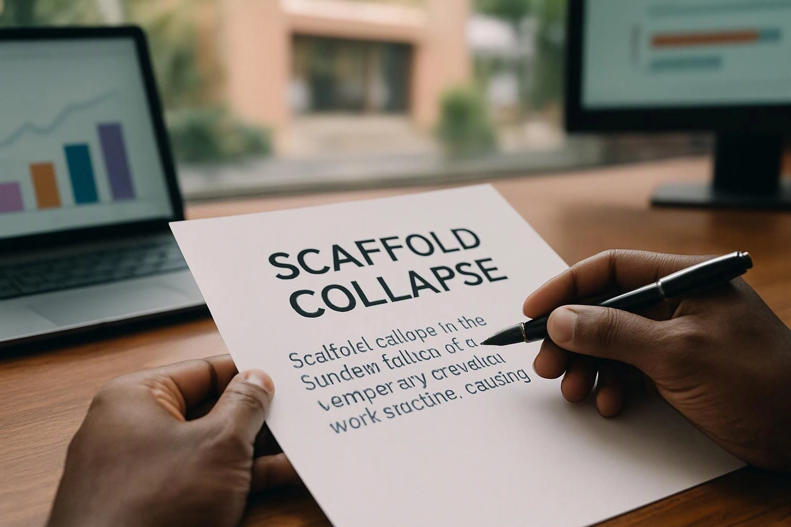 Hands hold a paper reading “SCAFFOLD COLLAPSE” while a pen points at the page beside a laptop