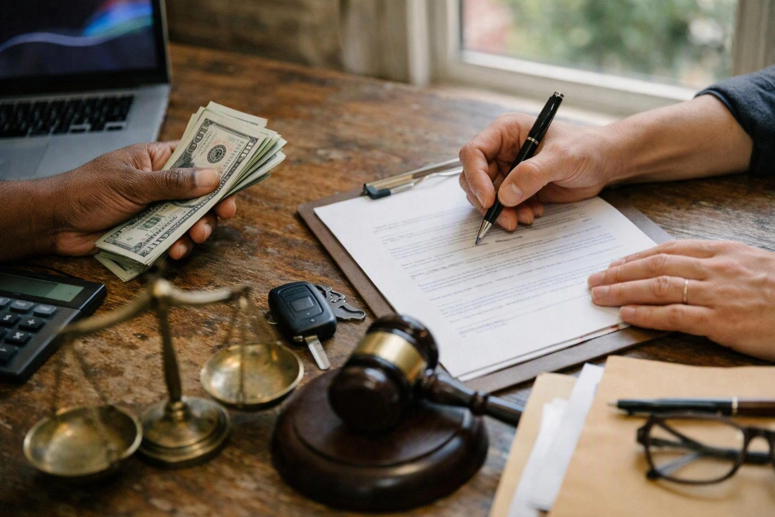 Two people handle cash and sign a document at a desk with legal tools and a gavel