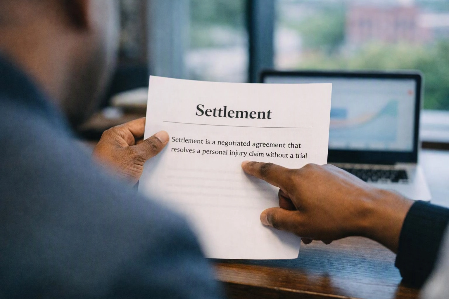 A person points at a paper titled “Settlement” while sitting at a desk with a laptop behind it