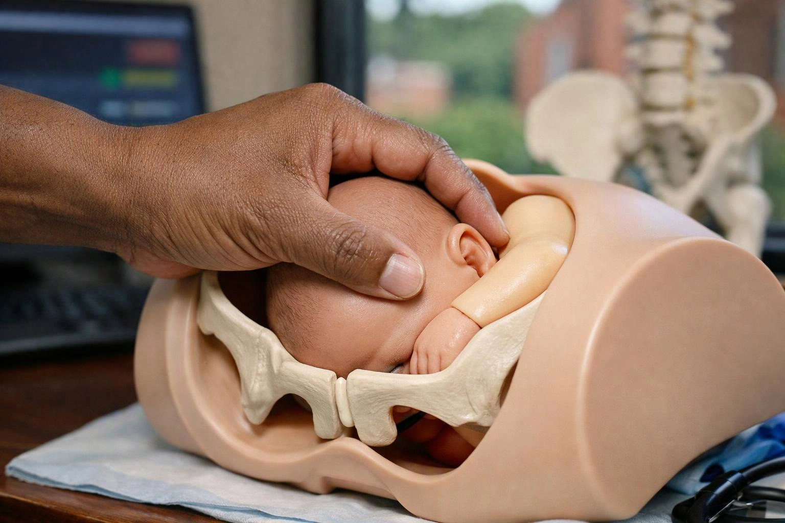 A hand holds a baby mannequin inside a pelvis model on a table