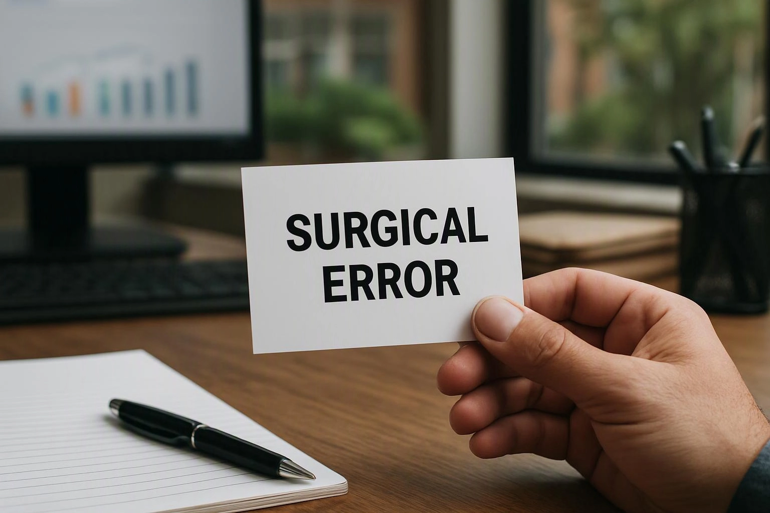 A hand holds a card reading “SURGICAL ERROR” over a desk with a notebook and pen near a computer monitor