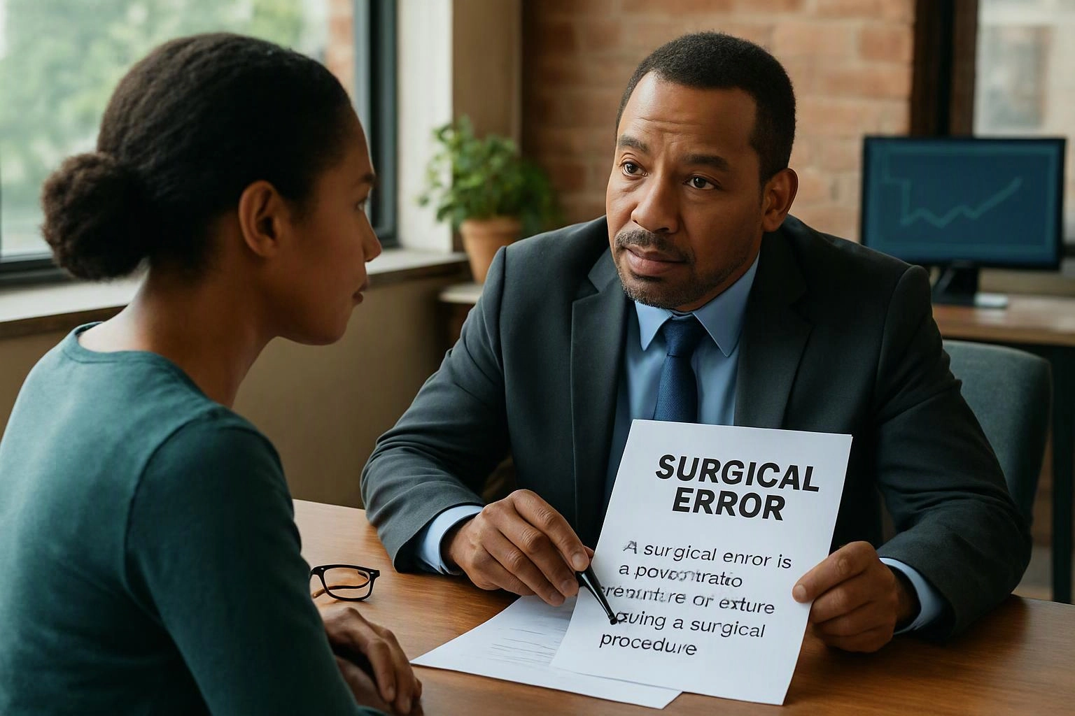 A man in a suit shows a paper titled “SURGICAL ERROR” across a desk to a woman in an office