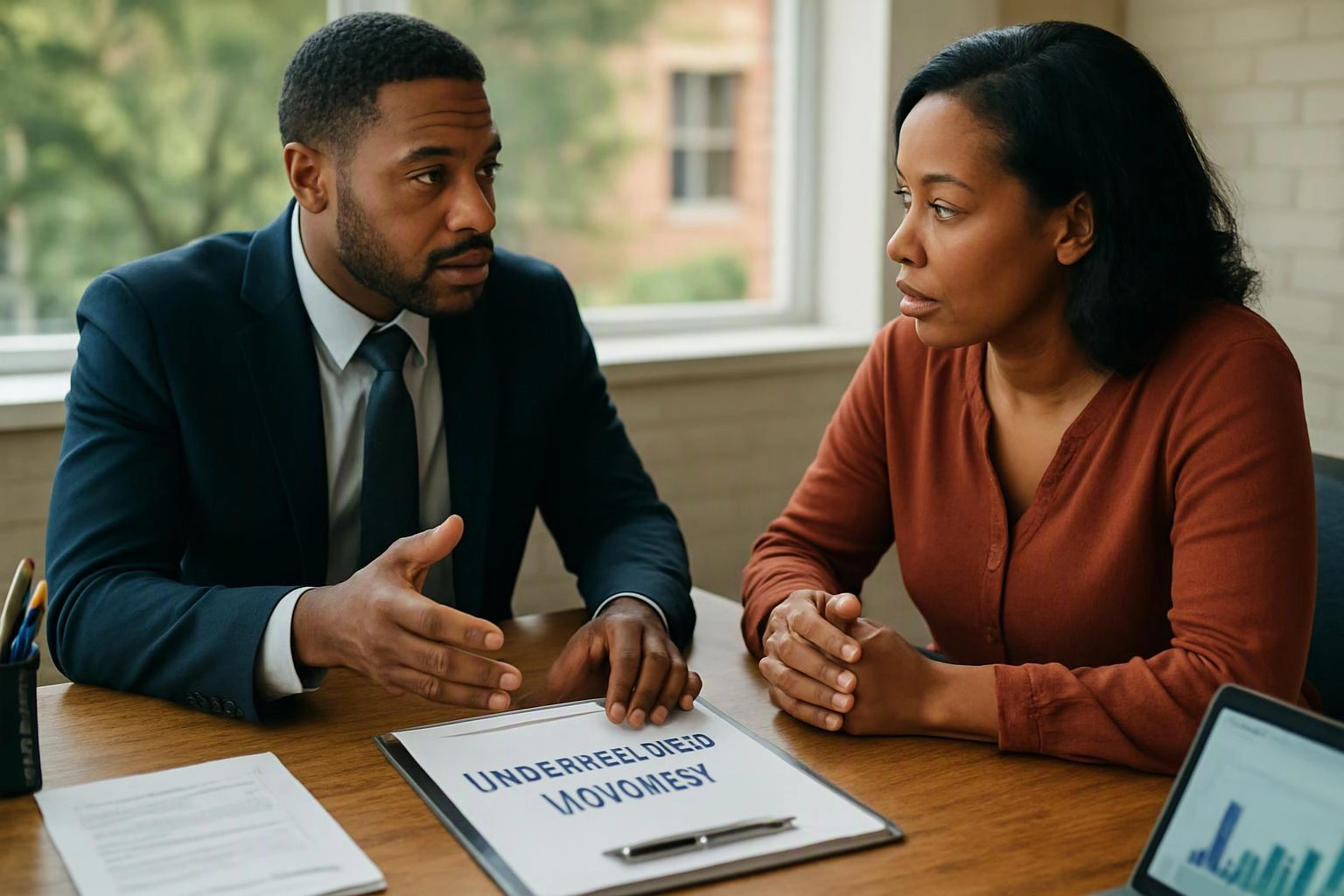 Two people sit at a table talking over a clipboard with unreadable text in a bright office room