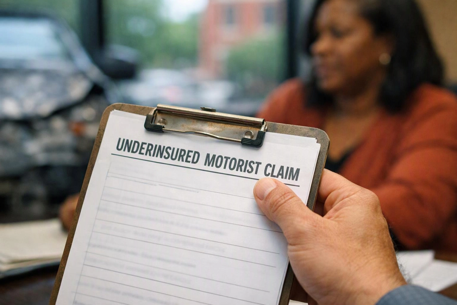 A hand holds a clipboard with “UNDERINSURED MOTORIST CLAIM” while a blurred woman sits in the background