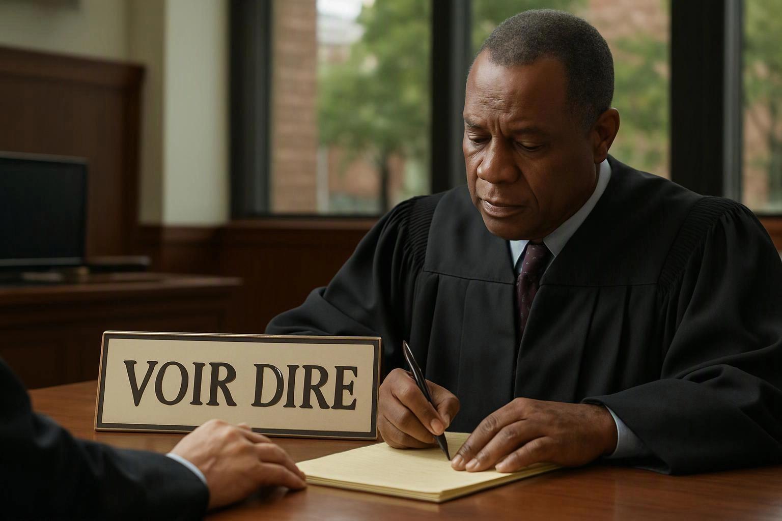 A judge in a black robe writes on paper during a voir dire session in a courtroom