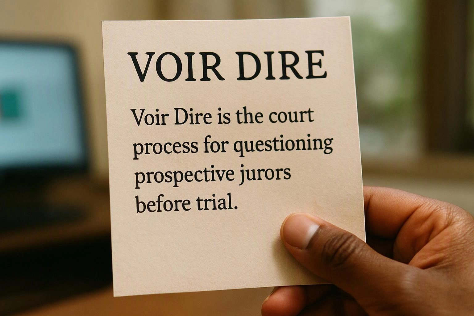 A hand holds a card defining “VOIR DIRE” in bold black text indoors