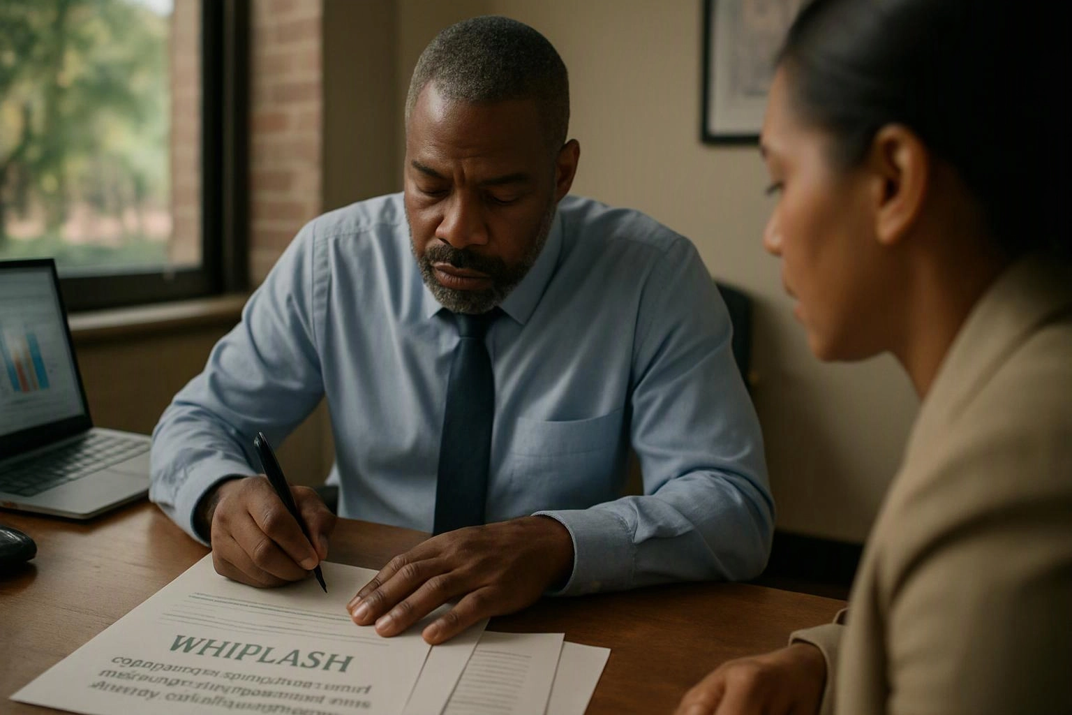 A man signs a whiplash form at a desk while a woman watches in an office