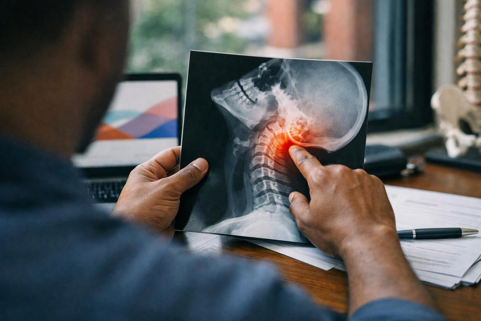 A person points at a neck x-ray, with a laptop and papers on a desk in the background