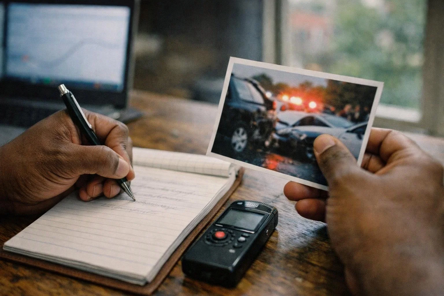 Hands write notes in a notebook while another hand holds a photo of a car crash scene on a desk