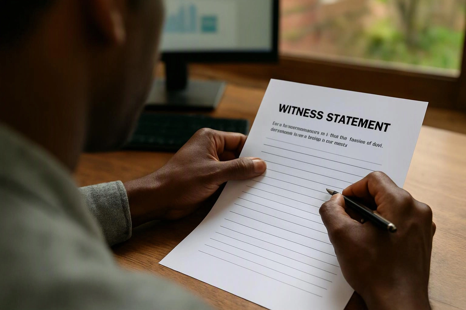 A person writes on a lined witness statement form at a desk near a computer screen