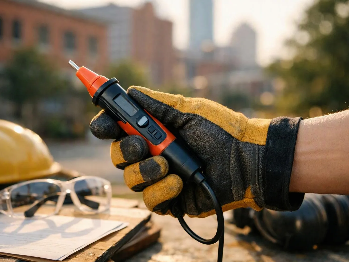 A gloved hand holds a handheld tester over a table with a hard hat, safety glasses, and papers outdoors