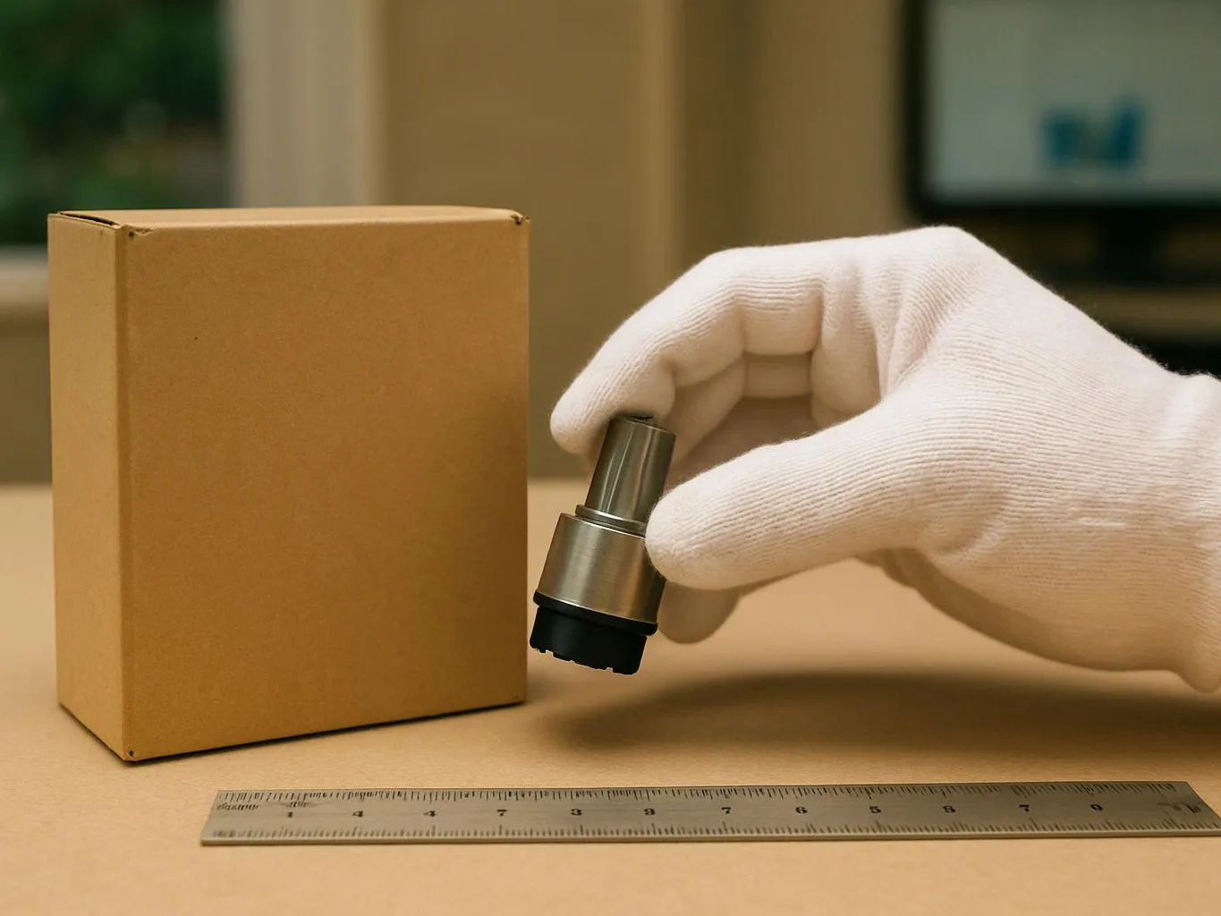 A gloved hand holds a metal tool beside a plain cardboard box on a table with a ruler