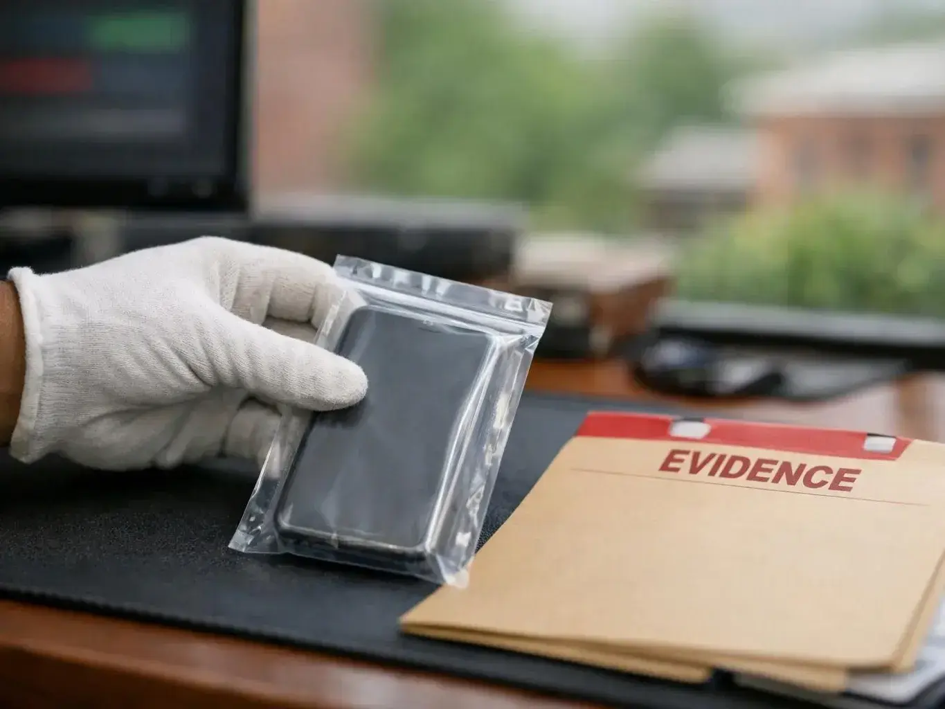 A gloved hand holds a sealed smartphone beside an evidence folder on a desk