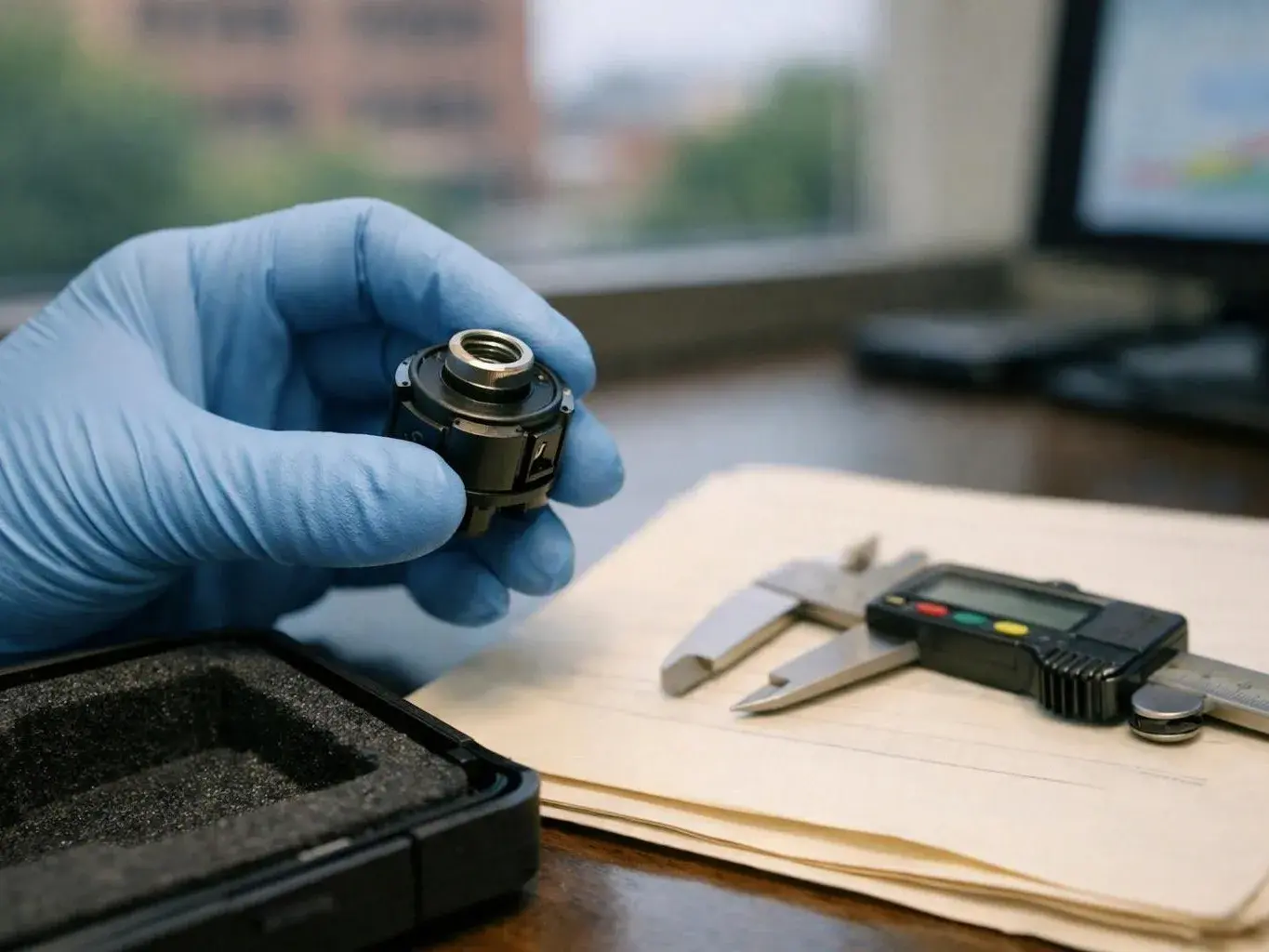 A gloved hand holds a small metal part beside a digital caliper on a desk in an office setting