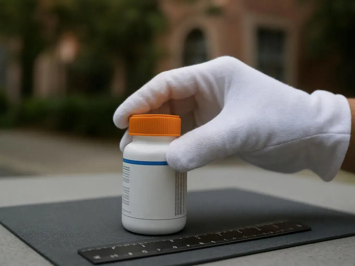 A gloved hand holds a small white bottle with an orange cap on a table outdoors