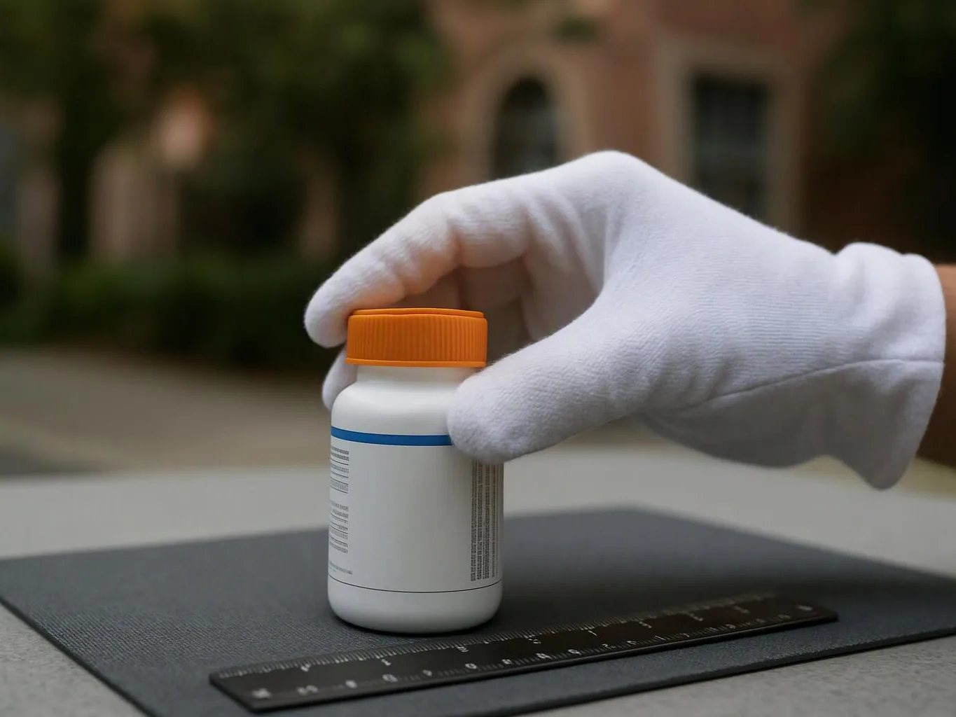 A gloved hand holds a small white pill bottle beside a ruler on a table outdoors