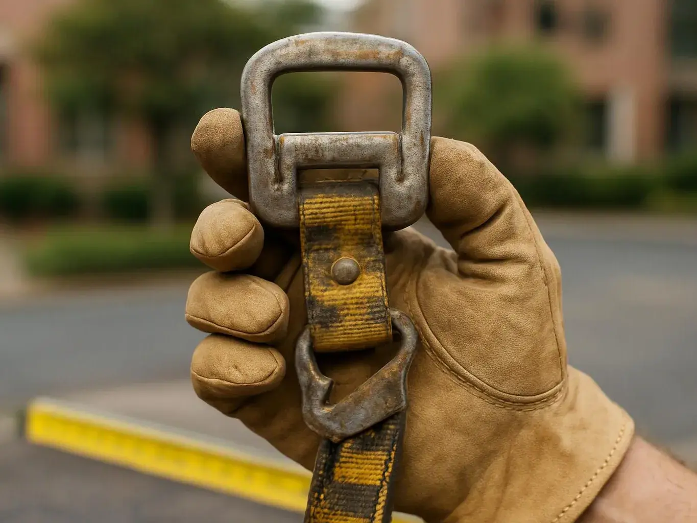 A gloved hand holds a worn metal buckle attached to a yellow-black strap outdoors