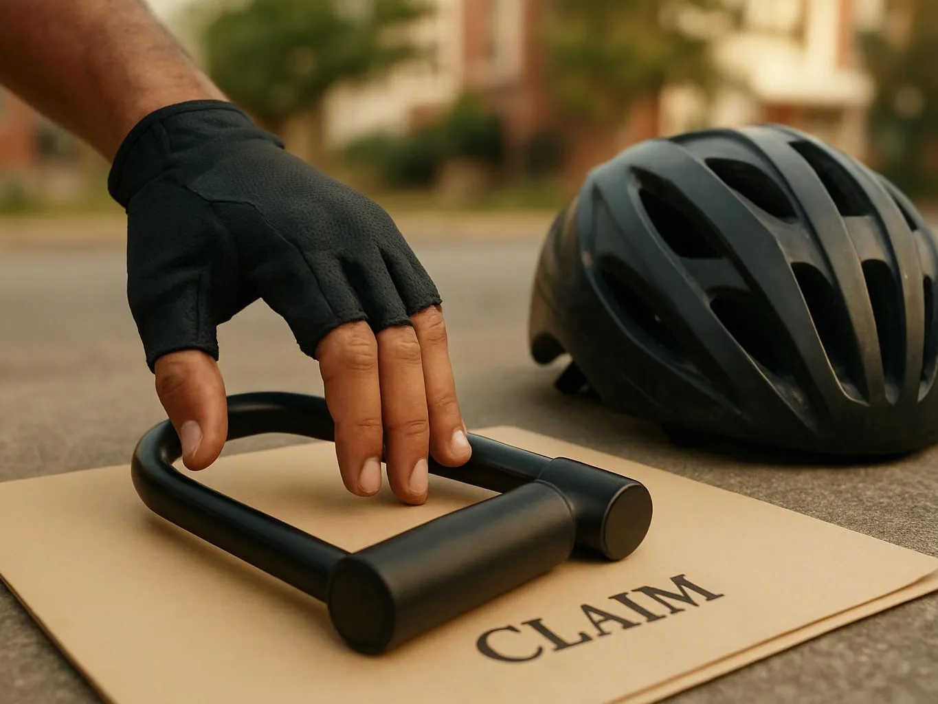 A gloved hand reaches for a black bike lock beside a bicycle helmet on a sidewalk, with “CLAIM” printed below