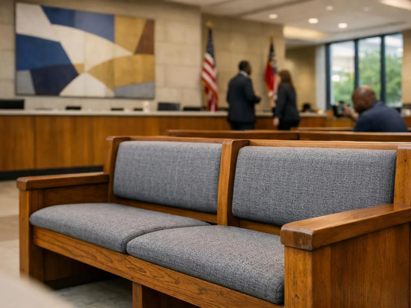 Gray cushioned bench sits in a courtroom, with people and flags blurred in the background