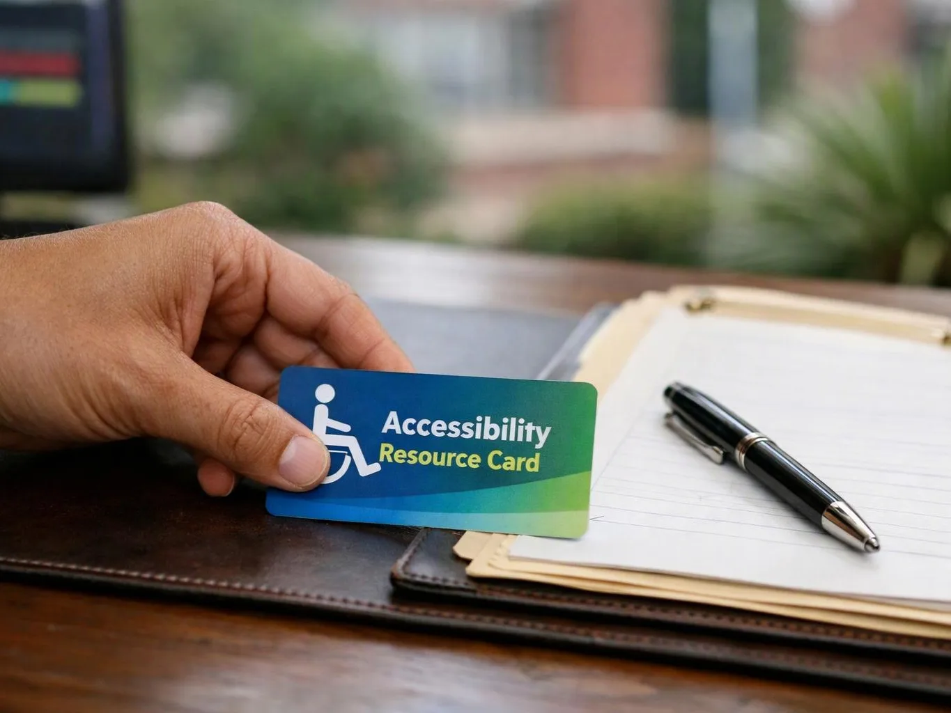 A hand holds an accessibility resource card beside a pen and notepad on a desk