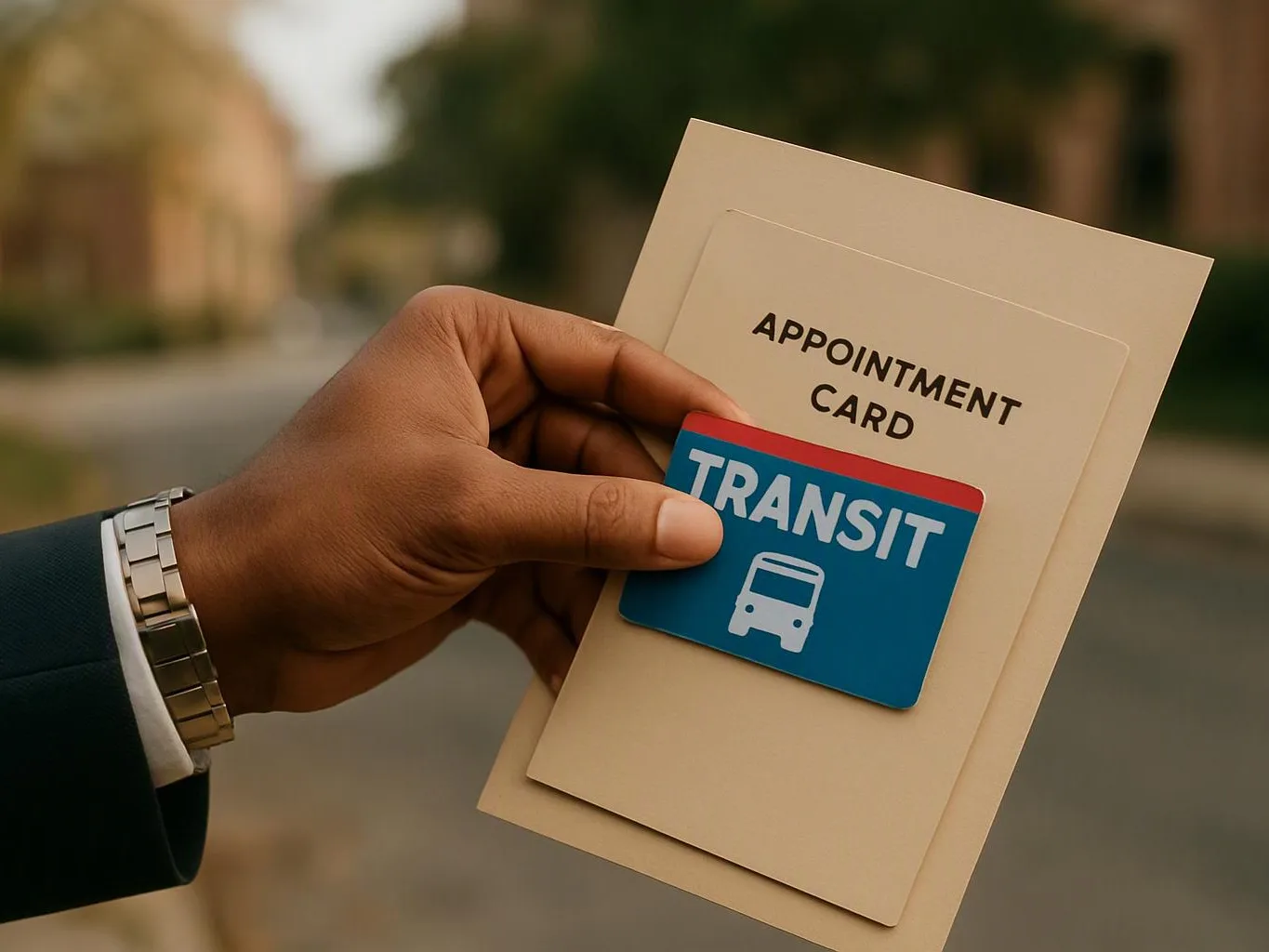 A hand holds an appointment card with a blue transit pass sticker outdoors