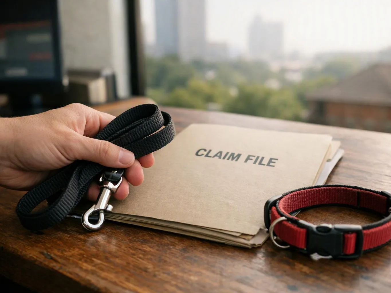 A hand holds a black leash beside a folder labeled "CLAIM FILE" and a red collar on a wooden table