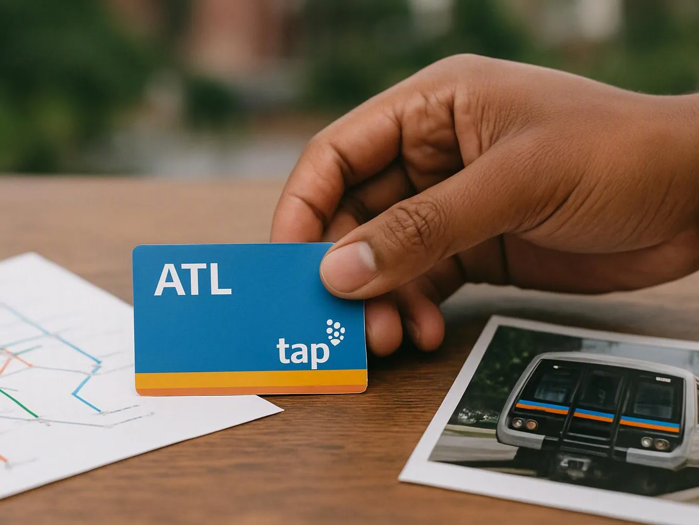 A hand holds a blue ATL tap card beside a map sheet and a train photo on a table